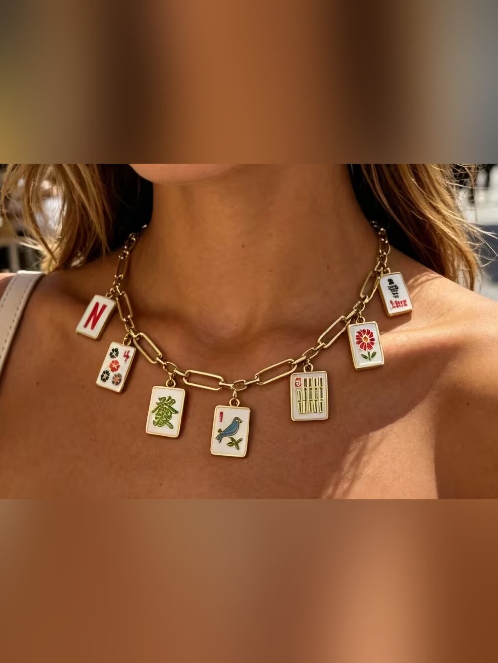 Unique Mahjong Pendant Necklace ADJUSTABLE LENGTH VERMEIL GOLD NECKLACE